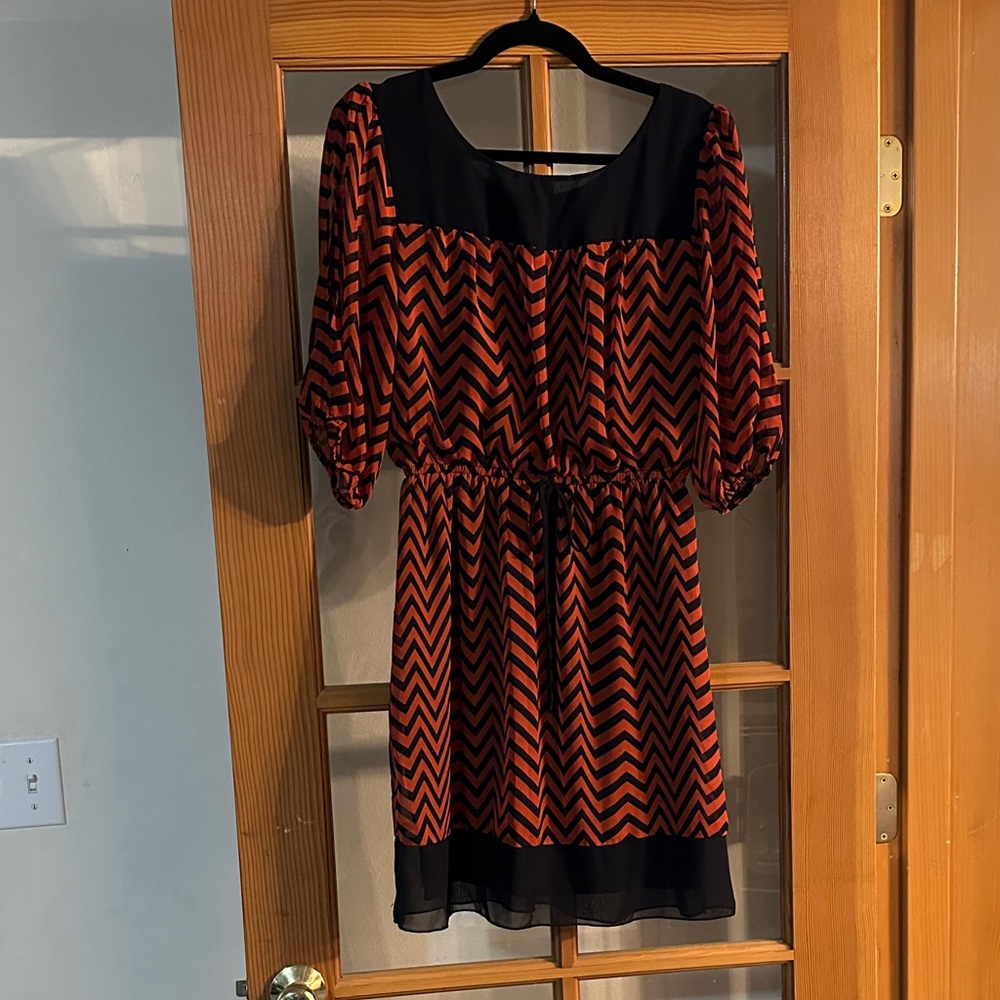Enfocus Studio Navy and Orange Chevron Dress